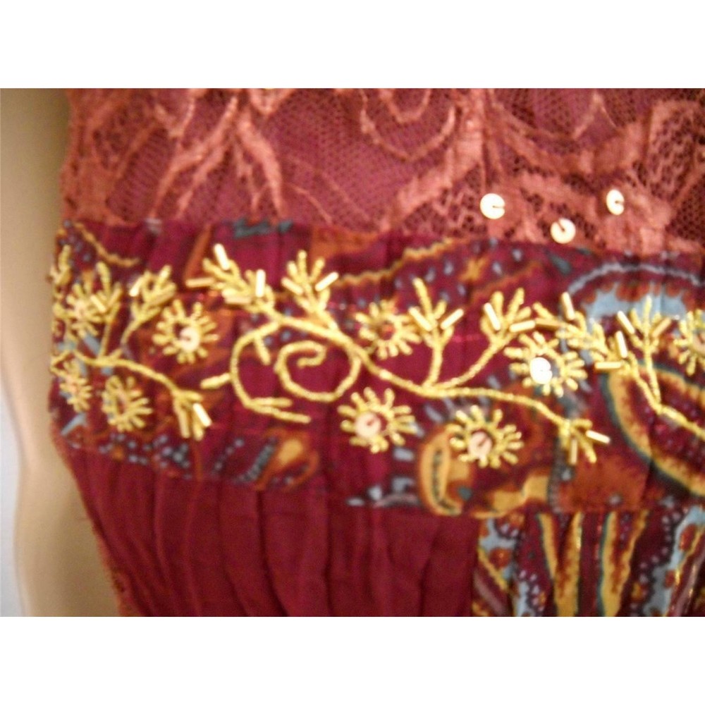 Y2K Crinkle Cami Top SEXY Retro BOHO With Liner & Lace Beads Burgundy Gorgeous - Picture 4 of 8